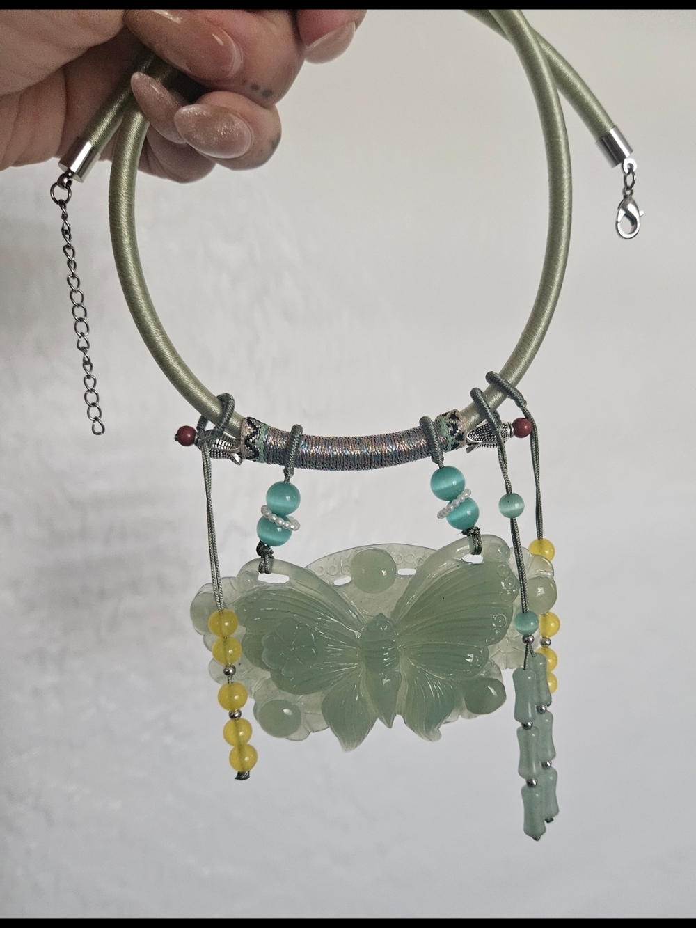 Green Jade Butterfly Pendant Necklace with Bead Tassels - Women Jewelry